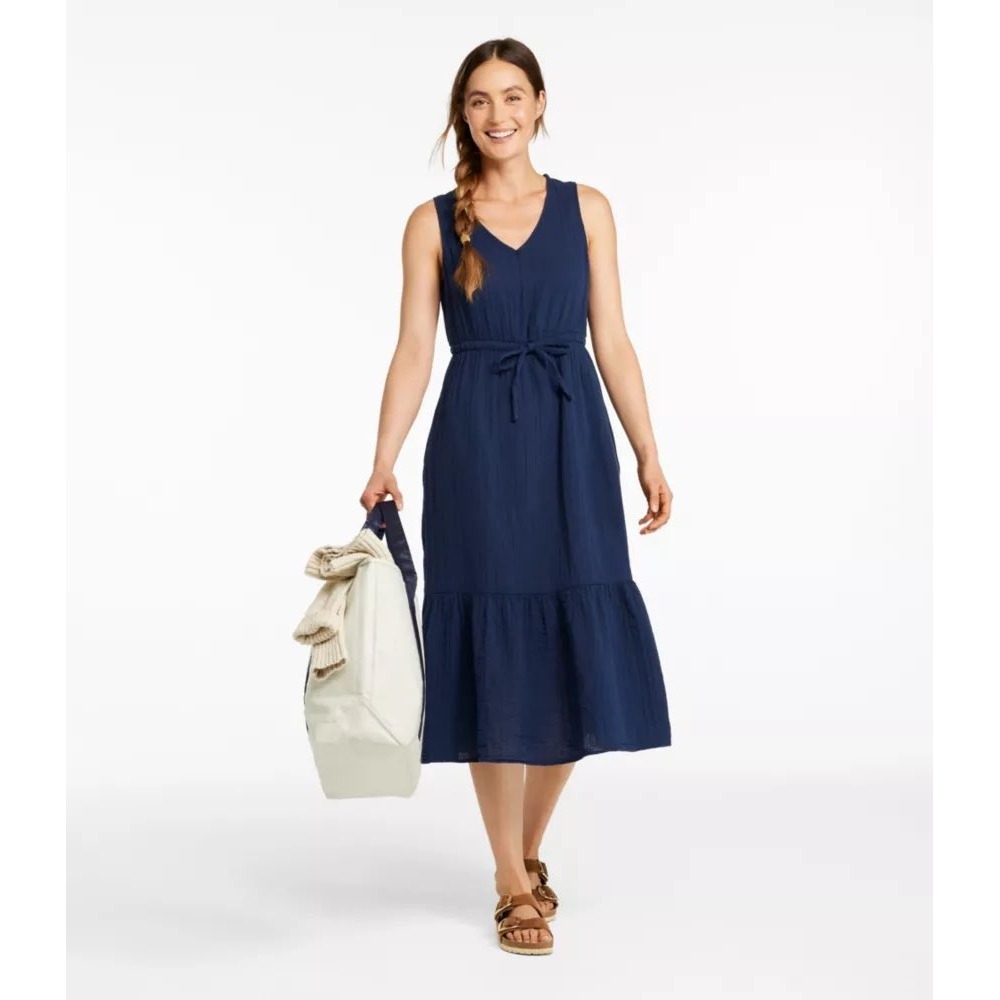 LL Bean Cloud Gauze Midi Dress XL Classic Navy Cotton Sleeveless Nautical Boho